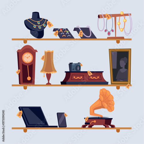 Pawn shop shelves. vintage different stuff for resale. vector template