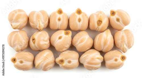 Many chickpeas arranged in rows on white surface for cooking or nutrition purposes easily