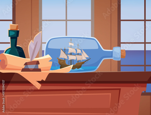 Ships cabin. captain ship interior with different marine attributes minifigure of ship in bottle