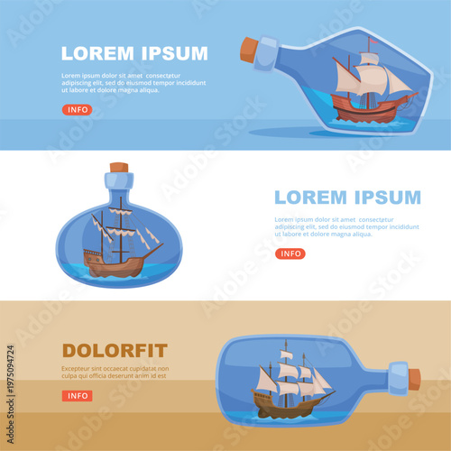 Ships in bottles. minifigures of old wooden ships in transparent containers. vector horizontal banners