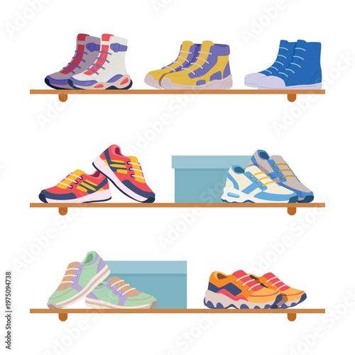 Sneakers on shelves. shoes in sport shop. vector background