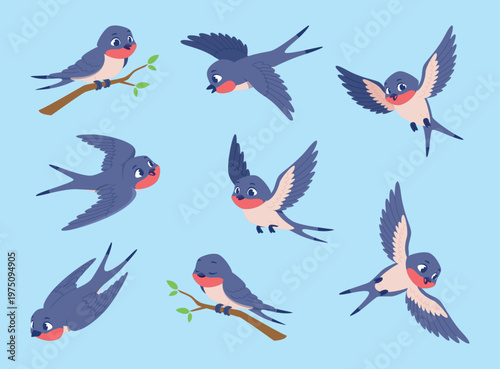 Swallows. Flying cartoon birds in sky exact vector swallows in action poses