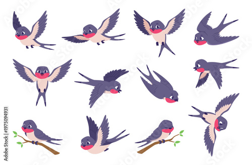 Swallows. Wild birds flying exact vector symbols of freedom