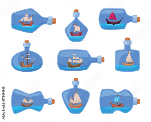 Ship in bottle. Mini figure of old style wooden ship for pirates exact vector sailor boats in transparent bottle
