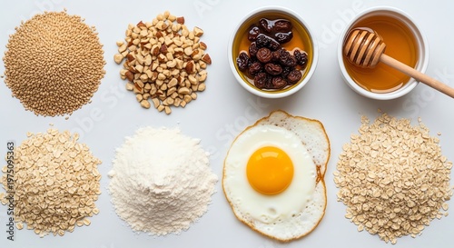 Oatmeal sesame seeds nuts raisins honey and egg for healthy breakfast or snack