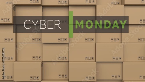 Animation of cyber monday text over stack of cardboard boxes in warehouse