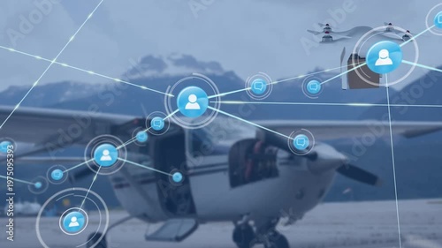 Network of digital icons and drone carrying a delivery box against plane parked in an airport