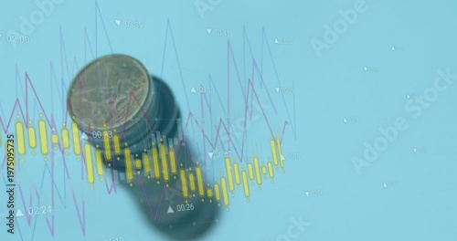 Animation of financial data processing over money on blue background