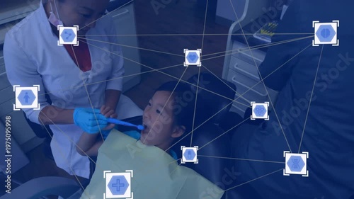 Medical icons and network connections animation over child receiving dental treatment