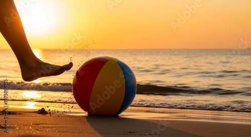 Colorful beach ball on sandy shore at sunset