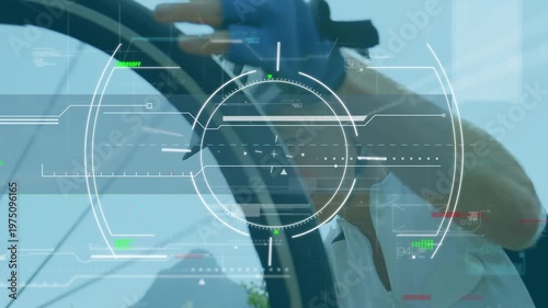 Animation of viewfinder over midsection of caucasian female biker with bike