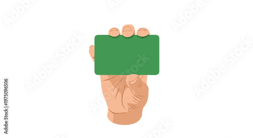 A human hand firmly holds a blank green rectangular card in a vertical orientation against a clean white background providing ample space for custom text.