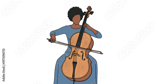 An expressive woman with a voluminous dark afro hairstyle wearing a long blue dress performs a soulful melody on a large polished wooden cello instrument.