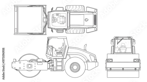 Road Compactor Roller Vector Set Technical CAD Block Outlines Side Top and Front Orthographic Views for Civil Engineering and Paving Site Plans