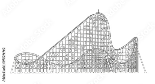 This intricate architectural line drawing depicts the complex wooden support structure and winding tracks of a classic roller coaster against a stark white background.