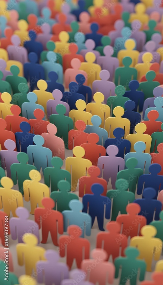 Fototapeta premium Dense Multicolor Figures Illustrating Market Segments And Customer Clustering, Closeup Perspective Shows Scale And Pattern, Visual Metaphor For Analytics, Personalized Targeting, Product