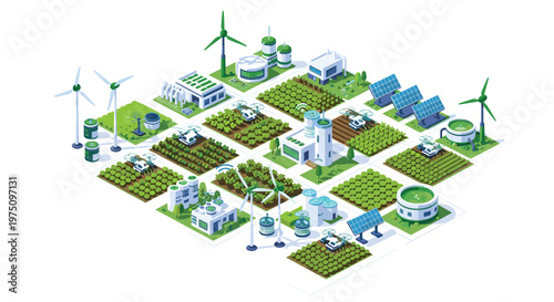 A sophisticated isometric smart farm layout showcases automated drones hovering over diverse crop fields integrated with renewable energy sources and storage systems.