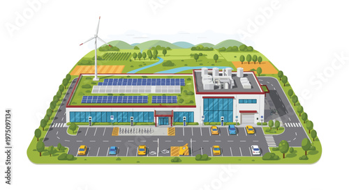 This modern sustainable commercial facility features extensive solar panel arrays on a lush green roof alongside a tall wind turbine under bright daylight.