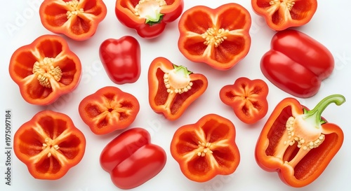 Red bell peppers and halves on white surface for cooking or healthy eating  fresh produce