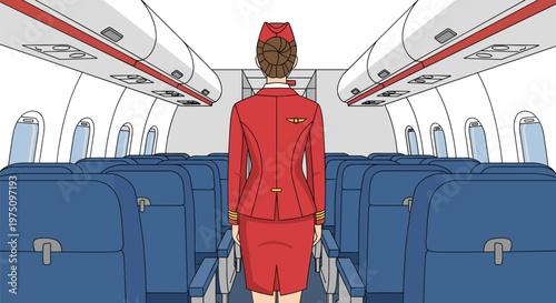 A striking rear view of a flight attendant dressed in a vibrant red uniform standing within a modern airplane cabin filled with rows of blue seats.