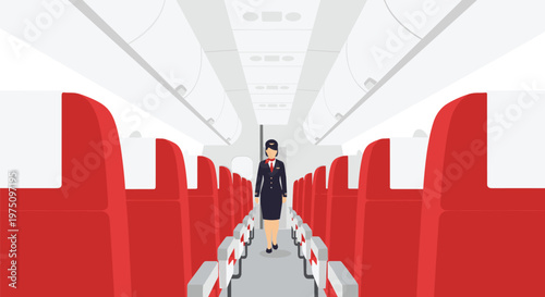 A dedicated flight attendant walks down the central aisle of a spacious airplane cabin featuring rows of vibrant red seats and clean white overhead bins.