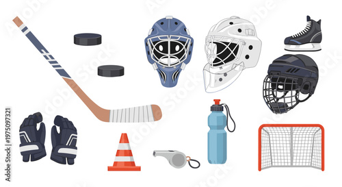 Detailed collection of professional ice hockey equipment featuring protective masks, a wooden stick, black pucks, and a red goal net on a white background.