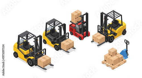 Meticulous isometric illustrations of powerful yellow and red forklifts efficiently moving heavy cardboard boxes on wooden pallets within a clean setting.