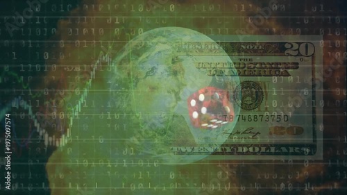 Animation of financial data processing with dice and globe over dollar bill and fire
