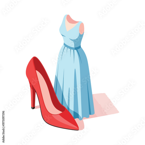 Elegant light blue dress paired with striking red high heels