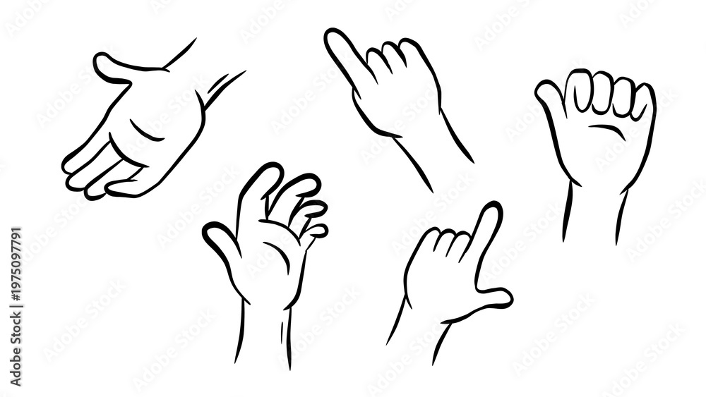 Fototapeta premium Hand Drawn Cartoon Hand Gestures: Open, Pointing, Grabbing, Fist, and Rock On, Isolated on White Background, Vector Illustration. Transparent