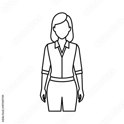 Professional woman in a blouse and skirt standing with hands at sides