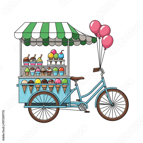 Colorful ice cream cart with bicycles and balloons in a cheerful setting