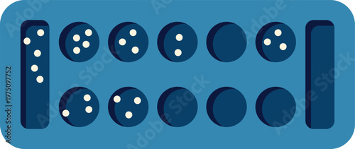 Minimalist blue illustration of a traditional mancala board with playing stones