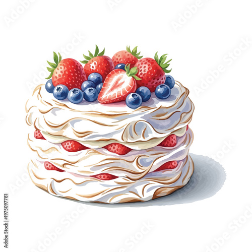 Delicious layered strawberry and blueberry cream cake with fresh fruit topping