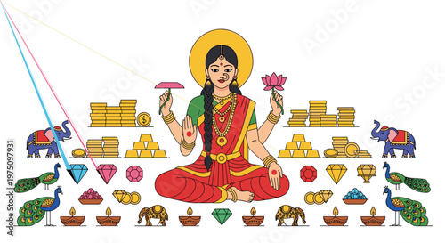 A meticulously detailed illustration of Goddess Lakshmi sitting in a serene lotus pose surrounded by abundant piles of gold coins and vibrant precious gems.