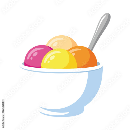 Colorful scoops of sorbet served in a light blue bowl with a spoon.
