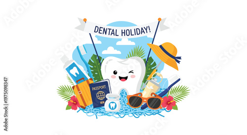 Whimsical dental holiday illustration featuring a happy winking tooth character with a passport, suitcase, sunglasses, and tropical flowers under a sunny blue sky.
