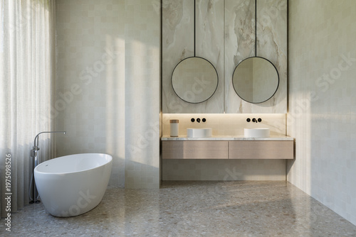 Photos modern luxury bathroom interior with double vanity and freestanding bathtub, 3D