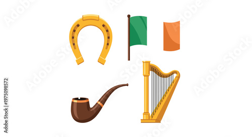Traditional collection of Irish cultural symbols featuring a golden horseshoe for luck, a national flag, a smoking pipe, and a classic musical harp instrument.