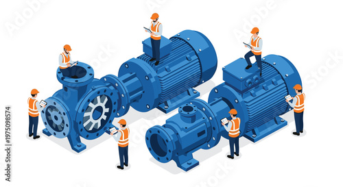 Meticulous isometric illustration of large blue industrial water pumps being inspected by professional technicians wearing safety gear in a clean white workspace.