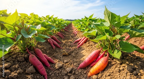 Sweet potato plants growing in a field with red and orange tubers in soil