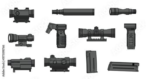 A diverse array of dark grey weapon attachments including various optical scopes, grips, and magazines is organized neatly on a white background.