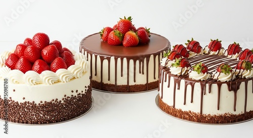 Three decorated cakes with strawberries on top and chocolate drizzle