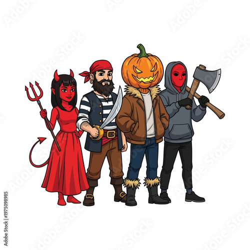 Four whimsical characters celebrating a spooky pirate-themed halloween adventure together
