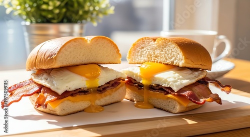 Two breakfast sandwiches with bacon egg and cheese on wooden table