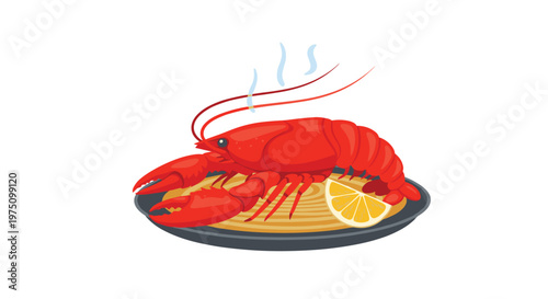 A freshly cooked red lobster served on a dark plate with a lemon wedge and rising steam wisps sits elegantly against a pristine, solid white backdrop.