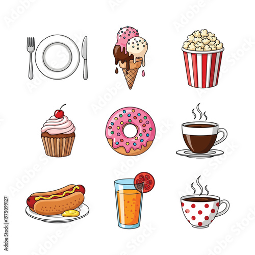 Delightful assortment of popular snack and beverage items illustrated in a cute style