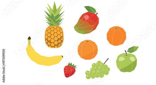 Vibrant low poly fruit collection featuring eight geometric stylized items like a textured pineapple and a red strawberry against a clean white background.
