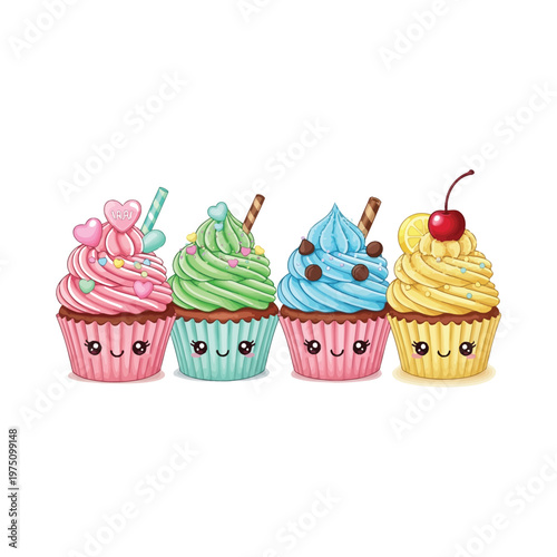 Four cute cupcakes with faces and colorful toppings in a row.