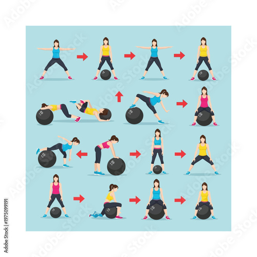 Diverse exercises using exercise balls for full-body workout routines